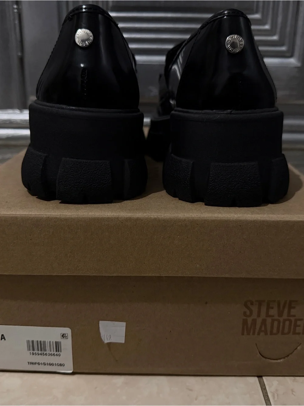 Steve Madden Black Chunky Leather Loafers with Silver Hardware